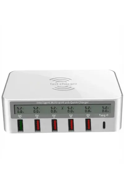 WLX - 818F 6 Portlu Kablosuz Akıllı Şarj İstasyonu - Hızlı Şarj ve Dijital Ekranlı