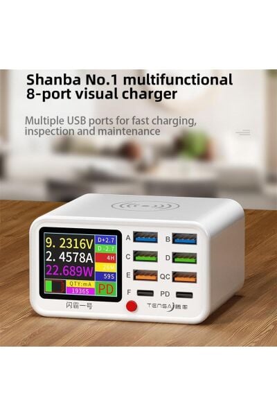 Tensa Shanba No.1 8 Port + Kablosuz Şarj Bağlantı Noktalı Çok İşlevli Hızlı Şarj Cihazı