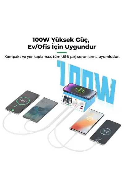 RELIFE RL-309AW | 100W Akıllı 8 Port Şarj Cihazı (Kısa Devre Onarım Fonksiyonlu, Kablosuz )