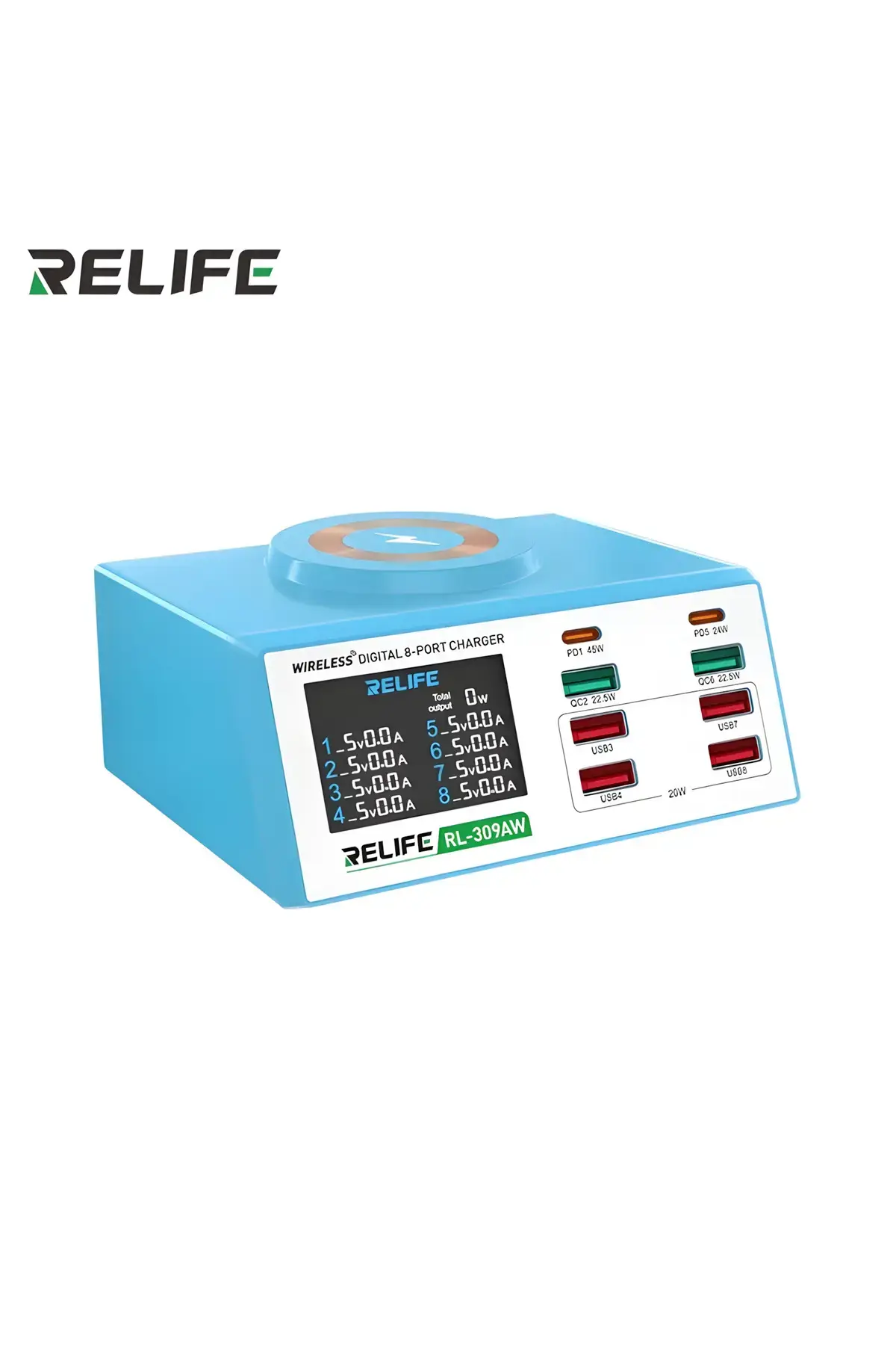 RELIFE RL-309AW | 100W Akıllı 8 Port Şarj Cihazı (Kısa Devre Onarım Fonksiyonlu, Kablosuz )